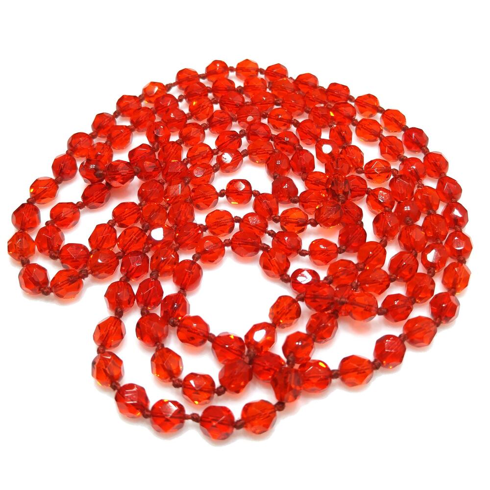 Vintage Red Crystal Hand Knotted Long Necklace, 62 Inches, No Clasp, Vintage